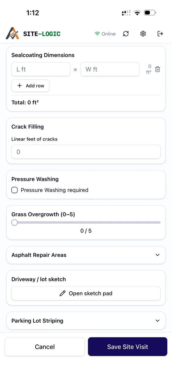 Site-Logic mobile app showing a site visit form with sealcoating dimensions, crack filling, and asphalt repair fields